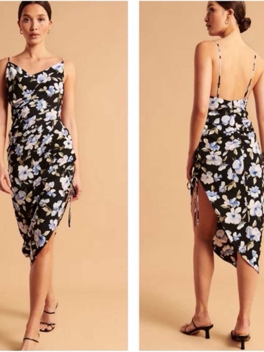 Abercrombie & Fitch Floral Asymmetrical Midi Dress Cowl Neck Cinched Slit Size L